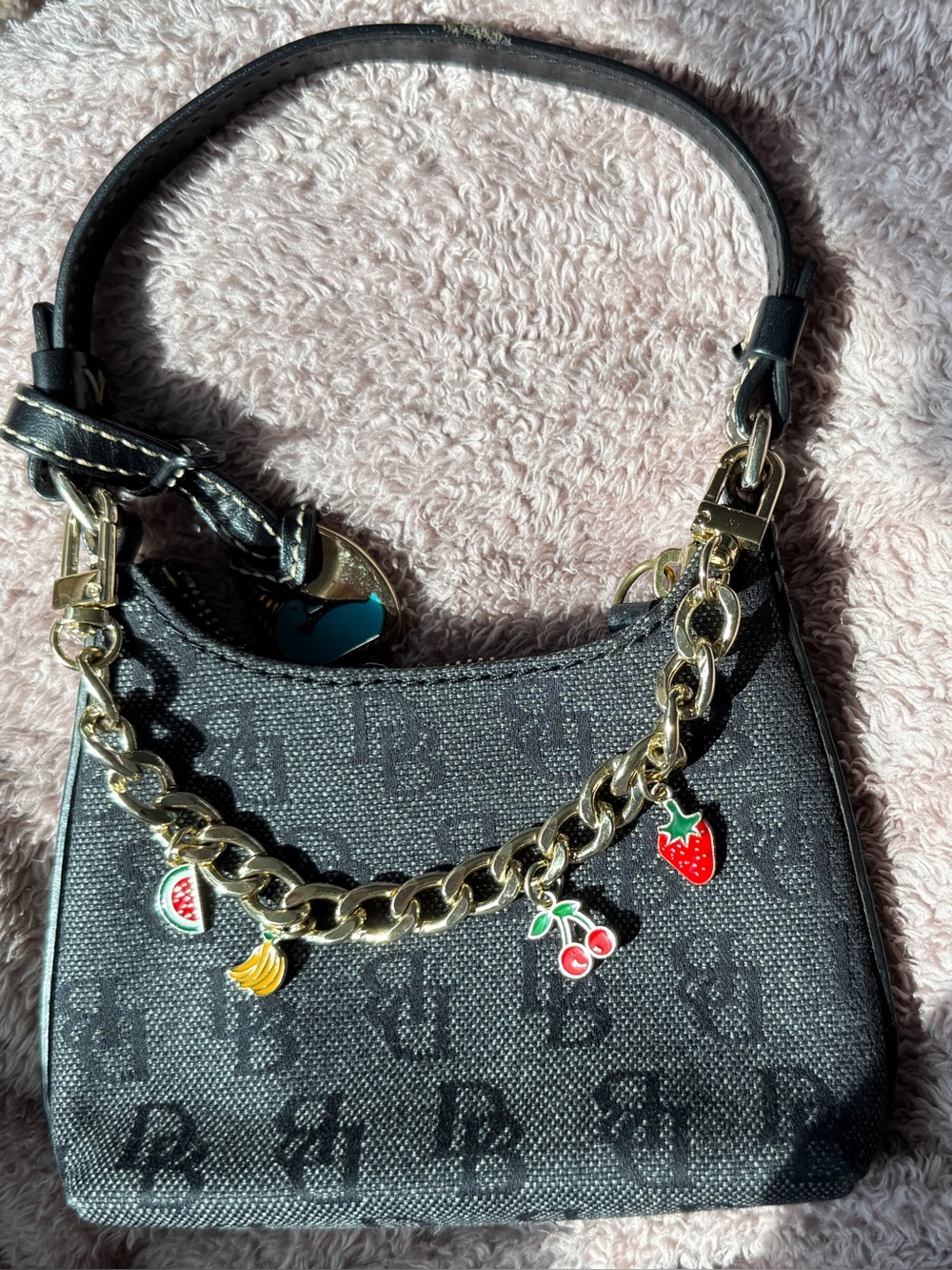 Dooney & Bourke Mini Black Monogram Shoulder Bag with Gold Hardware Blue Duck